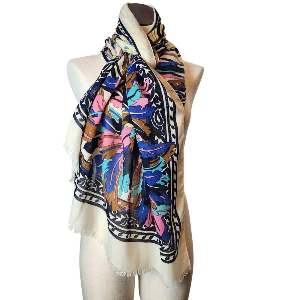 Pretty Persuasions Cream Multicolor Art to Wear Artsy Boho Scarf Wrap 72 X 37 - Picture 3 of 7